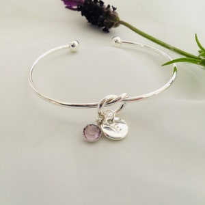 Personalised Silver Friendship Knot Bracelet, Initial charm, Light Amethyst Crystal, June Birthstone, Gift for Her, Teacher's gift