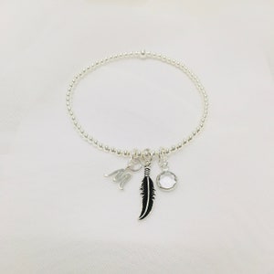 Personalised Sterling Silver Beaded Stretch Bracelet with a Sterling Silver Feather Charm, Initial and Birthstone Crystal, Gift for Her
