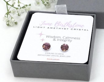 June Birthstone Sterling Silver Stud Earrings: Light Amethyst Crystal