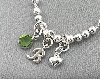 Personalised Sterling Silver Beaded Bracelet:Heart, Initial & Birthstone Charms