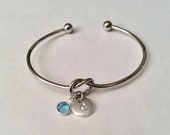 Personalised Silver Friendship Knot Bracelet, Initial Charm, Aquamarine Crystal, March Birthstone, Gift for Her, Blue Crystal