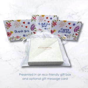 This bracelet is presented in an eco-friendly card gift box, and pretty drawstring voile bag, shown in the picture, and shows an example of the gift message cards available - A Gift for You, Thank You and Happy Birthday.
