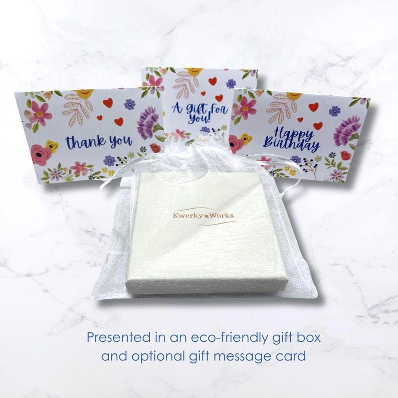 This bracelet is presented in an eco-friendly card gift box, and pretty drawstring voile bag, shown in the picture, and shows an example of the gift message cards available - A Gift for You, Thank You and Happy Birthday.