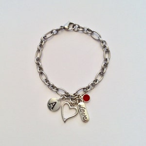 Personalised Charm Bracelet, July gift, Love Charm, Heart Charm, Ruby Crystal, Gift for Her, Charm Bracelet, Initial Charm