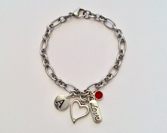 Personalized Heart & Initial Charm Bracelet with Ruby Birthstone Crystal on Non-Tarnish Stainless Steel Chain
