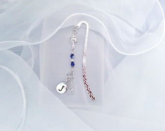 Personalized Bookmark - Initial Charm, Silver Metal Bookmark with Blue Crystal Beads, For Readers