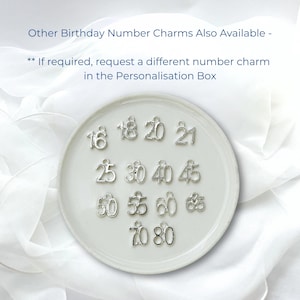 This picture shows the full range of birthday number charms that we can add to a bracelet, including any of: 16, 18, 20, 21, 25, 30, 40, 50, 55, 60, 70, 80
