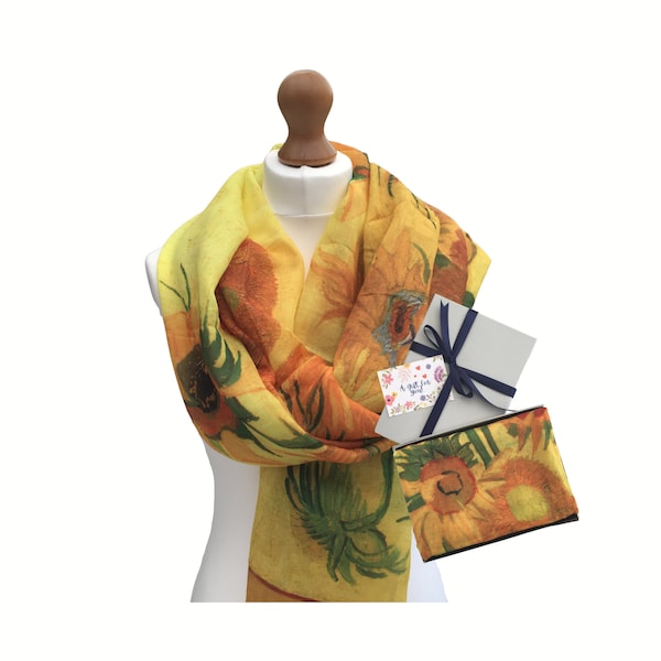 Van Gogh Sonnenblumen Gemälde Schal in Geschenkbox, Sonnenblumen Druck Schal für Frauen, Kunst Schal in Geschenkbox UK, Gelb Gold Schal Geburtstagsgeschenk