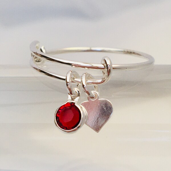 Sterling silver adjustable birthstone charm ring, Best friend ring, gift for her, personalised ring, Ruby Crystal, July Birthstone