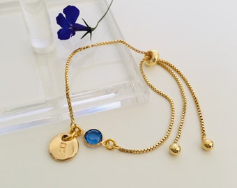 Personalised Gold Slider Bracelet, Initial and Birthstone Jewellery