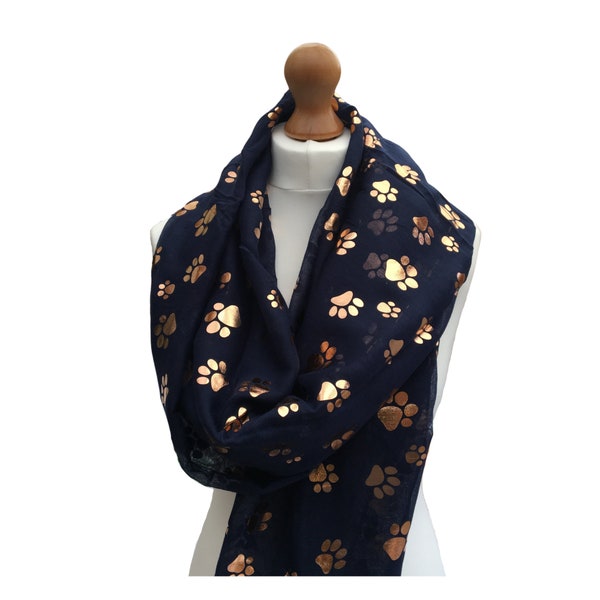 Pet Lover Gift, Paw Print Gift Box Scarf, Animal Lover Birthday Gift Idea UK, Gold Paw Print Scarf in Blue, Red, Charcoal or Black
