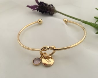 Personalised Gold Plated Friendship Knot Bracelet, Initial Charm, Light Amethyst Crystal, June Birthstone, Gift for Her, Bridal Gift