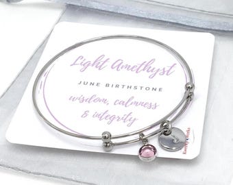 Personalised June Birthstone Bracelet: Light Amethyst Crystal Charm and Initial Bracelet
