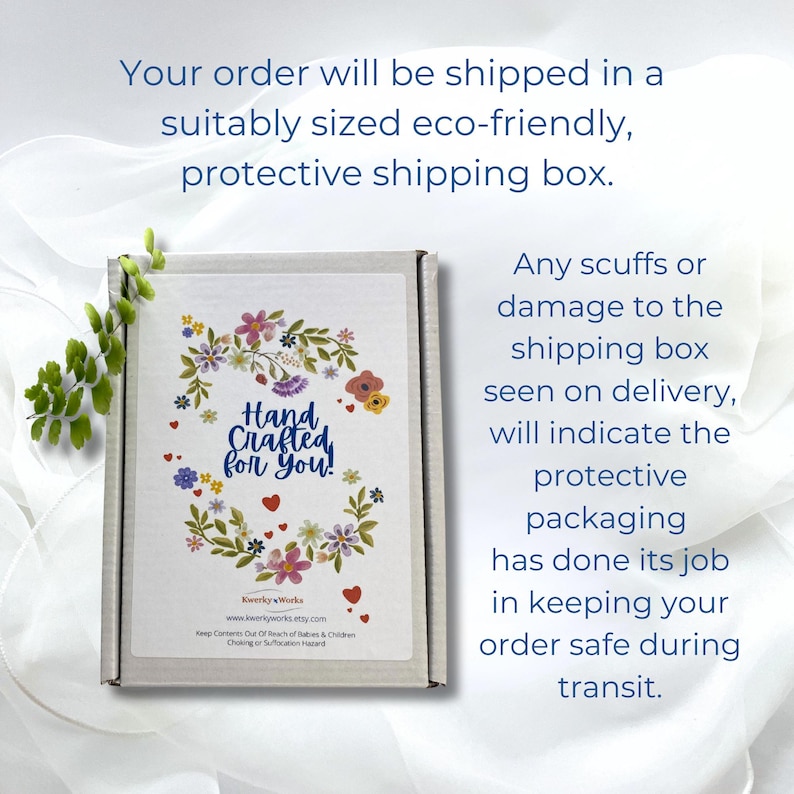 A picture of an example of our shipping box, with the wording:- Your order will be shipped in a suitable sized eco-friendly, protective shipping box. Any scuffs or damage to the shipping box seen on delivery, will indicate the protective packaging has done its job in keeping your order safe during transit.