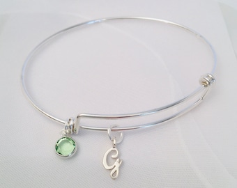Personalised Sterling Silver Adjustable Bracelet: Letter Charm & Peridot Crystal - August Birthstone