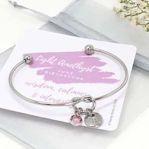 Personalised June Birthstone Bracelet, Light Amethyst Crystal Birthstone Jewellery, Non-Tarnish Stainless Steel Friendship Knot Bangle