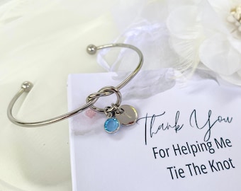 Bridesmaid Knot Bracelet Personalised with Birthstone and Initial: Wedding Party 'Thank You'  Jewellery Gift Card.