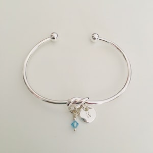 Personalised Silver Friendship Knot Bracelet, Initial Charm, Aquamarine Crystal, March Birthstone, Gift for Her