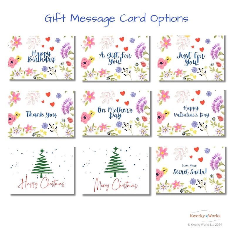 The selection of complimentary gift cards available when you place your order for a birthstone friendship knot bracelet. Let us know which gift card you prefer in the Personalisation Box and add a note of the message you would like printed inside