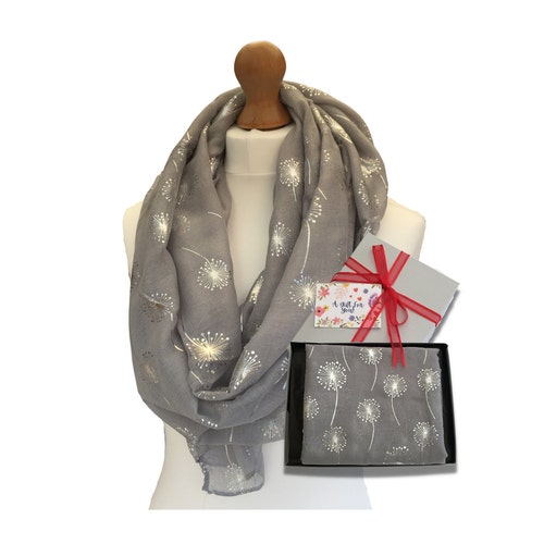 Silver Dandelion Print Grey Scarf, Shiny Dandelion Print Wrap, Ladies Grey Scarf with Dandelion Print, Stone Grey Scarf for Women