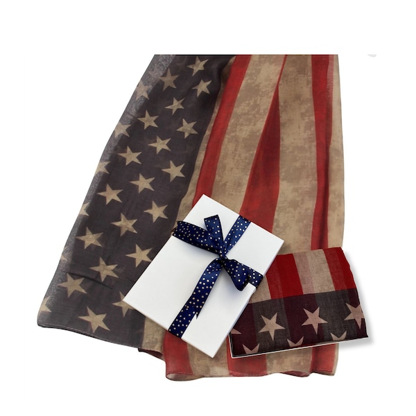 USA Flag Scarf Accessory, Antique Look American Flag 4th July Celebrations Scarf,  US Patriotic Scarf, Star Spangled Banner Gift Box Scarf