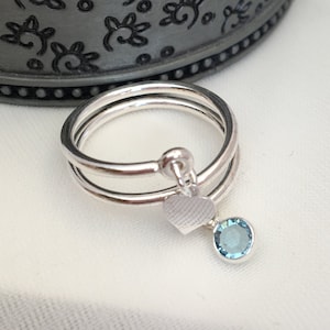 925 Silver ring, Silver heart charm ring, gift for her, personalised adjustable ring, Aquamarine Crystal, March Birthstone best friend ring