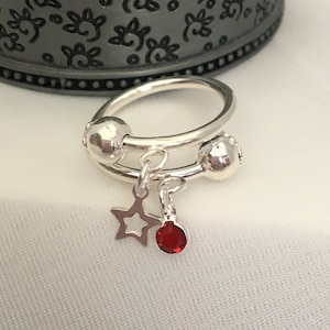 925 Silver ring, Silver star charm ring, gift for her, personalised adjustable ring, Ruby Crystal, July Birthstone, best friend ring