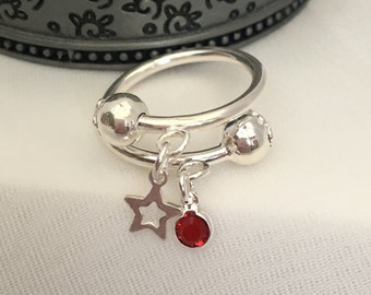 925 Silver ring, Silver star charm ring, gift for her, personalised adjustable ring, Ruby Crystal, July Birthstone, best friend ring