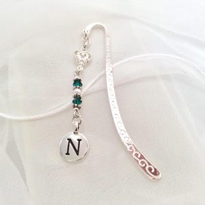 Personalised Bookmark, Birthstone, Heart Charm, Gift for Her, Emerald Crystal, Silver Initial, Pearl, Teacher&#39;s Gift, Graduation