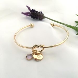 Personalised Gold Plated Friendship Knot Bracelet, Initial Charm, Light Amethyst Crystal, June Birthstone, Gift for Her, Bridal Gift