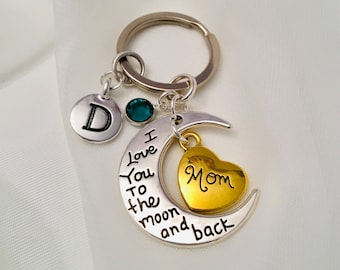 Personalized Mum Keyring: Initial Charm, May Birthstone, 'Love You To The Moon'