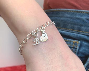 Personalized Sterling Silver Birthstone Crystal Charm Bracelet - Initial & Heart Charm