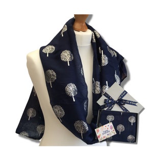 Tree of Life Print Blue or Grey Scarf Gift Box, Navy Blue Scarf with Silver Tree of Life Print, Grey Scarves for Women, Birthday Gift Scarf