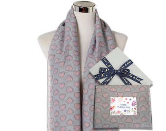 Mothers Day Heart Print Scarf Gift Box, Pink Heart Print Gift Scarf Box for Mums, Mothering Sunday Letterbox Gift UK, Scarf Gift for Her
