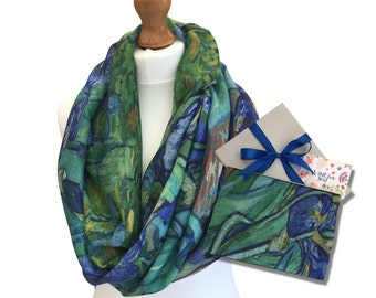 Van Gogh irissen print sjaal in geschenkdoos, bloemenprint wrap voor vrouwen, geweldige schilderijen geschenkdoos sjaal UK, groene bloemensjaal