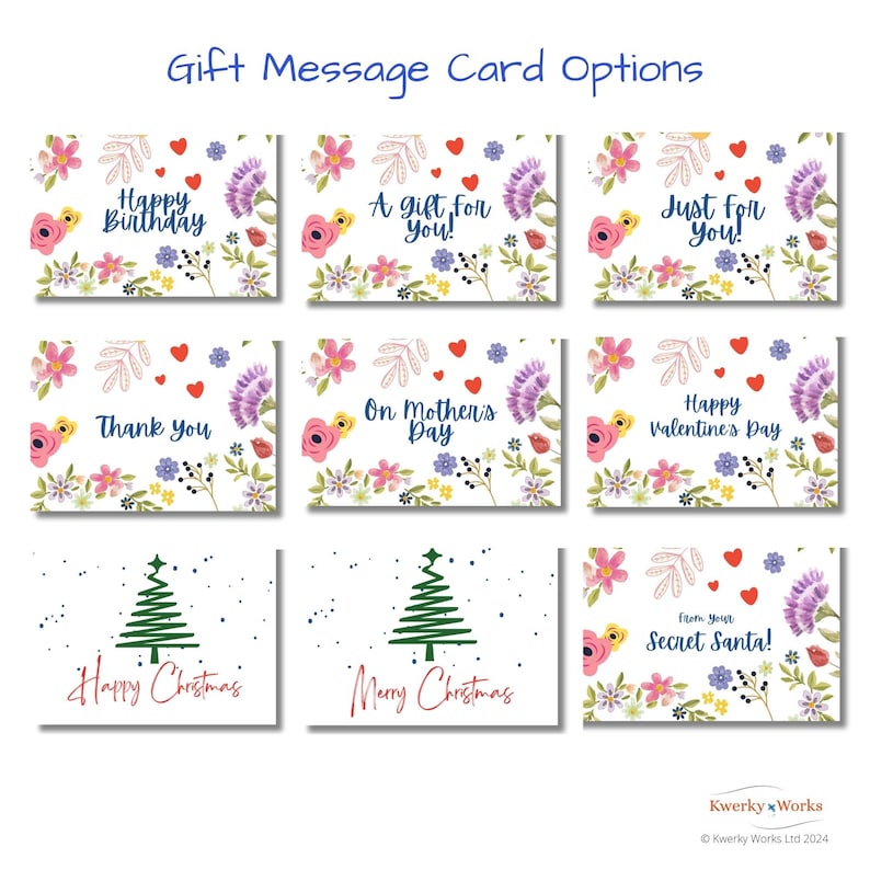 The selection of complimentary gift cards available when you place your order for a birthstone friendship knot bracelet. Let us know which gift card you prefer in the Personalisation Box and add a note of the message you would like printed inside