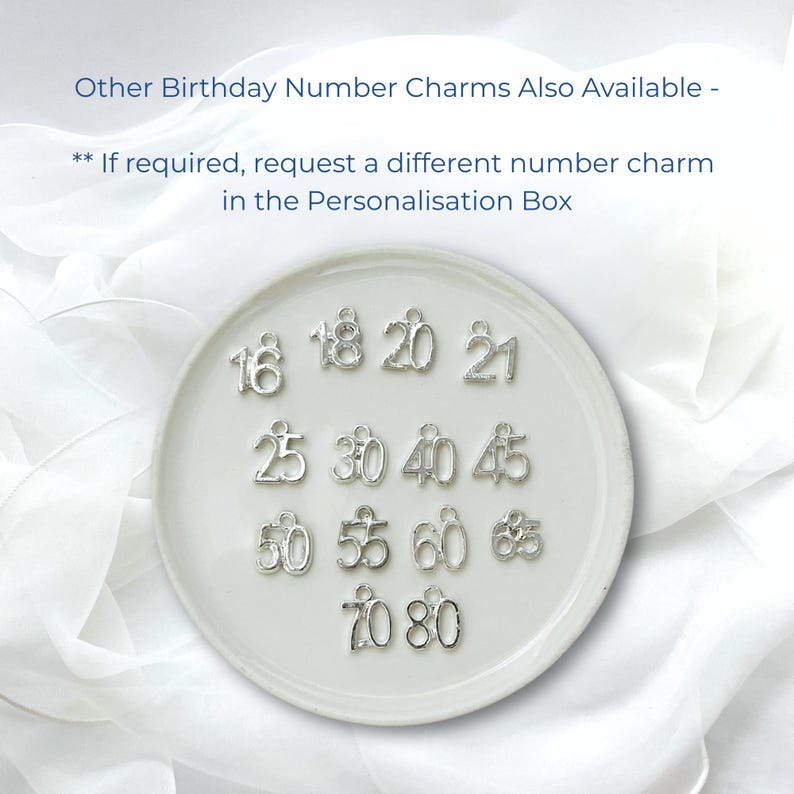 This picture shows the full range of birthday number charms that we can add to a bracelet, including any of: 16, 18, 20, 21, 25, 30, 40, 50, 55, 60, 70, 80