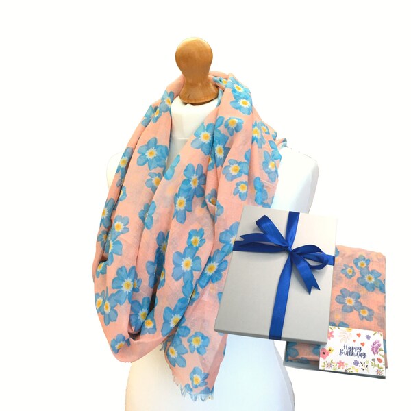 Pink and Blue Forget Me Not Flower Print Scarf in Gift Box, Forget Me Not Print Scarf for Women, Forget Me Not Accessory Letterbox Gift