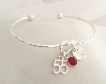 55th Birthday gift for women, Personalised birthstone silver bracelet, July birthday gift for her, Ruby crystal birthday gift