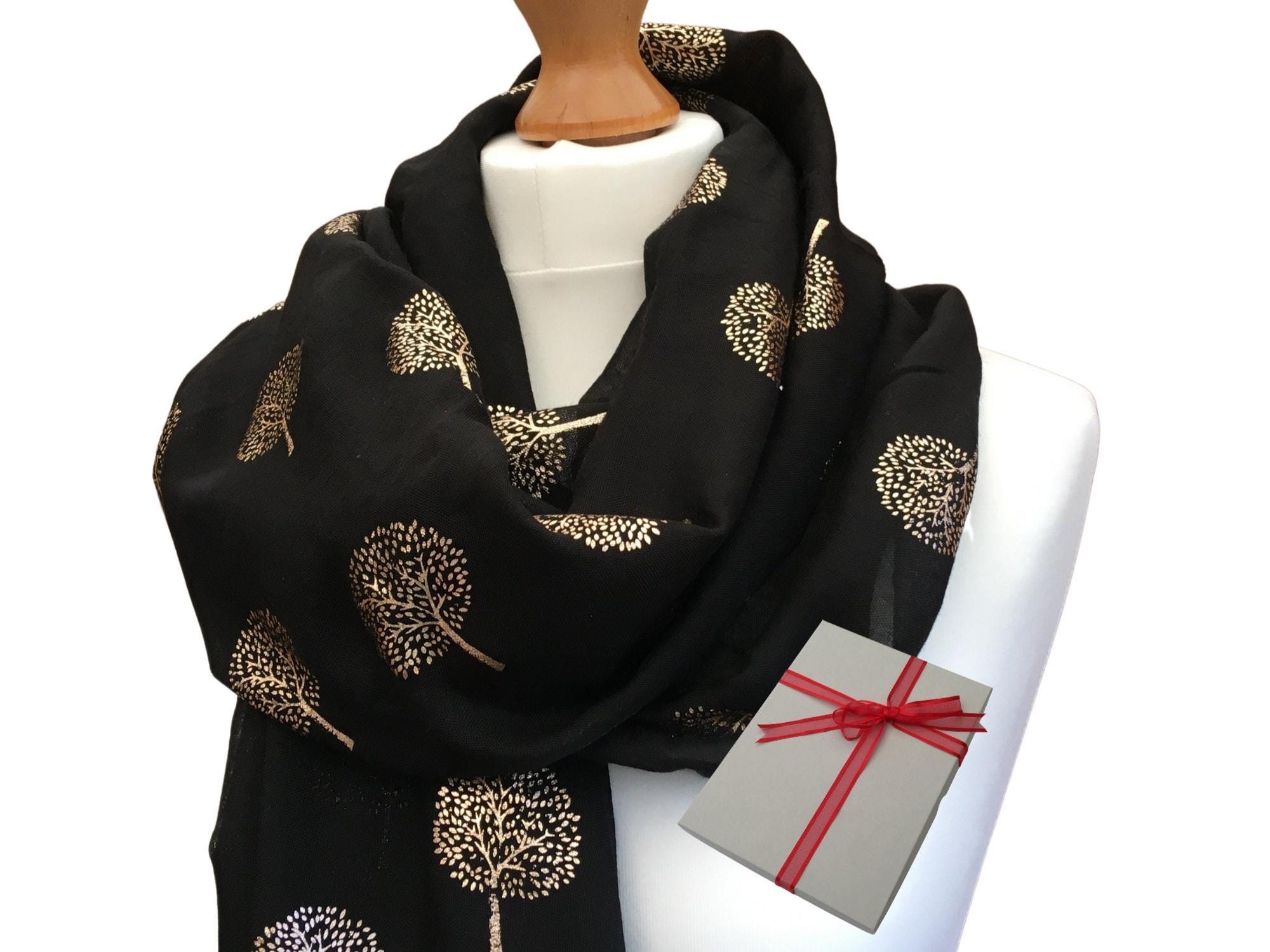 Black Scarf with Rose Gold Tree of Life Print - Cotton Viscose Blend