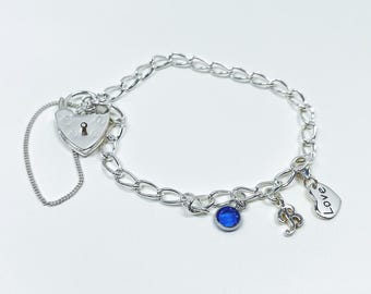 Sterling Silver Chain Link Bracelet : Personalised Sapphire Birthstone Jewellery, Custom Charm Bracelet