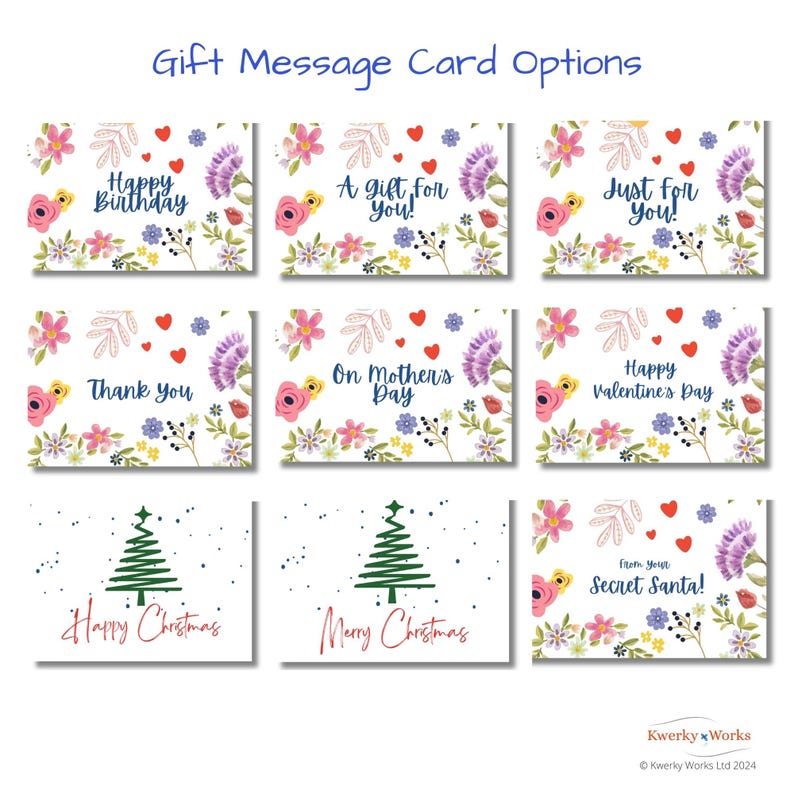 This picture shows the selection of complimentary gift message cards available when you place your order for a birthstone friendship knot bracelet. Let us know which one you prefer in the Personalisation box, with a note of the message you would like printed inside