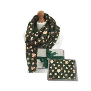 Gold Foiled Clover Letterbox Gift Scarf, Shamrock Print St Patrick's Day Scarf Gift, Lucky Irish St Patrick's Shamrock Scarf in Gift Box