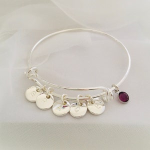 Personalised Silver Plated Bangle, February Birthstone Gift, Bracelet with Initial Charm and Amethyst Crystal, Adjustable Silver Bangle