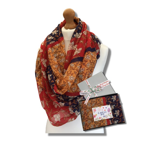 Bold and Colourful Ivy Print Scarf Gift Box, Red and Blue Ivy Print Scarf, Floral Scarves for Women, Birthday Gift Scarf for Her in the UK