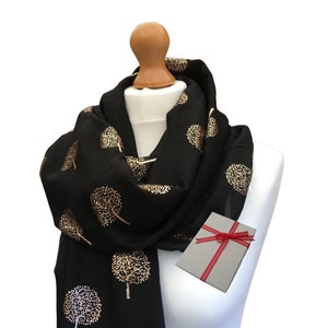 Black Scarf with Metallic Tree of Life Print, Personalised Scarf in Gift Box, Ladies Scarf, Scarf Gift for Women, Birthday Gift