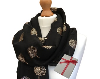 Black Scarf with Metallic Tree of Life Print, Personalised Scarf in Gift Box, Ladies Scarf, Scarf Gift for Women, Birthday Gift