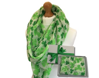 Shamrock Print Scarf Gift, Green 3 Leaf Clover Scarf St Patrick's Day Gift, Irish St Patricks Day Gift, Lucky Green Clover Gift Box Scarf