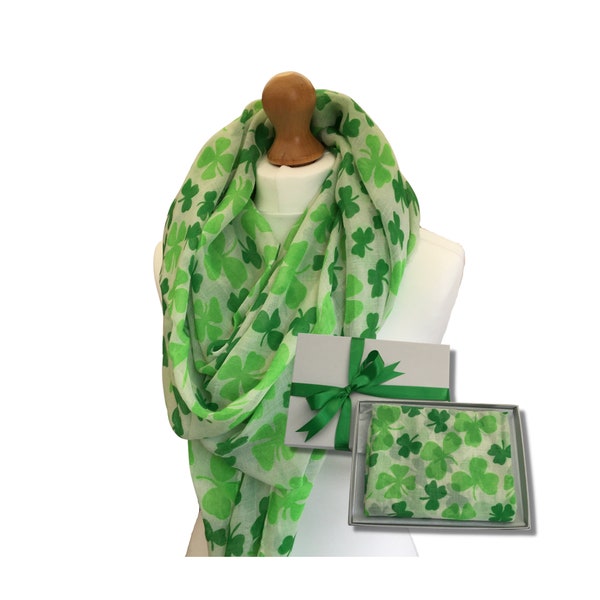 Kleeblatt Print Schal Geschenk, Grün 3 Kleeblatt Schal St Patrick's Day Geschenk, Irischen St Patricks Day Geschenk, Lucky Green Clover Geschenkbox Schal