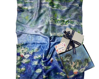 Monet Water Lily Print Scarf in Gift Box, Water Lily Print Silk Scarf for Women, Great Paintings Gift Box Scarf UK, Water Lily Scarf Gift